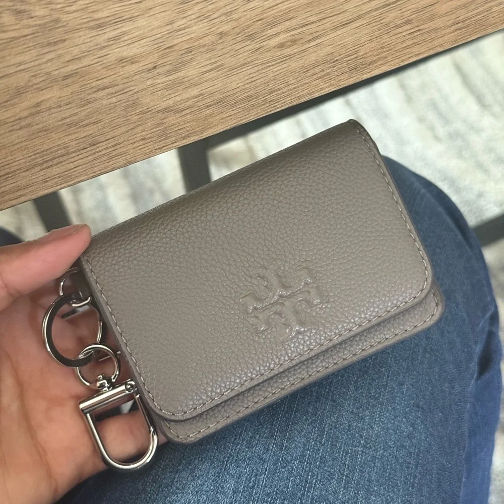 New Tory Burch Thea card case Gray Leather Keychain Wallet
